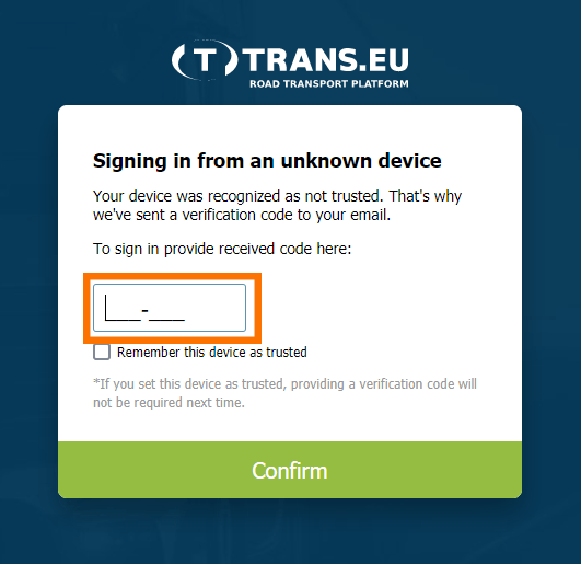 Log in to the Trans.eu Platform using your login and password.