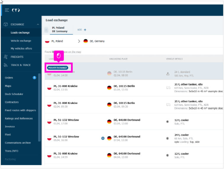Screenshot der Trans.eu-Plattform mit Label für Private Frachtenbörse